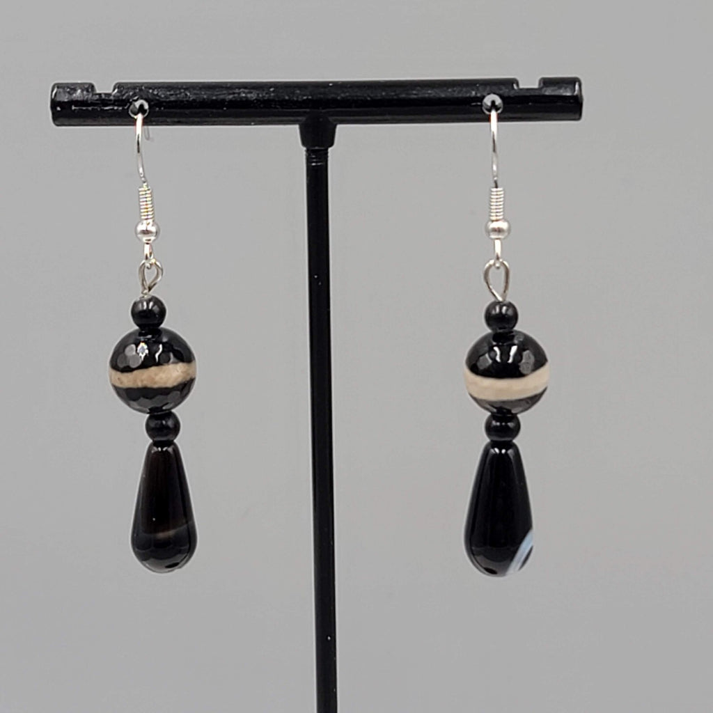 Pierced Earrings Silver tone Black Brown Art Glass Bead Dangle 1.5"