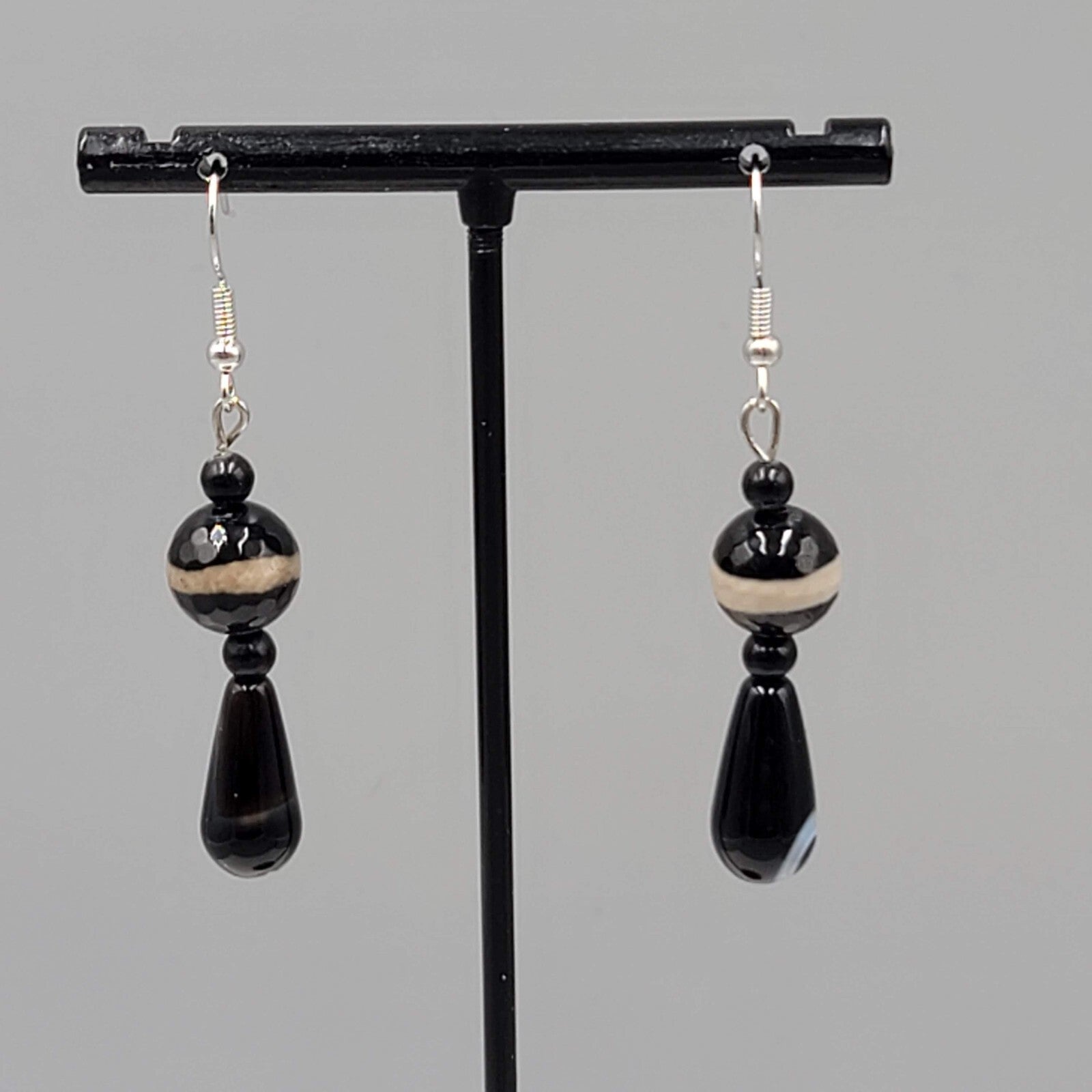 Pierced Earrings Silver tone Black Brown Art Glass Bead Dangle 1.5"