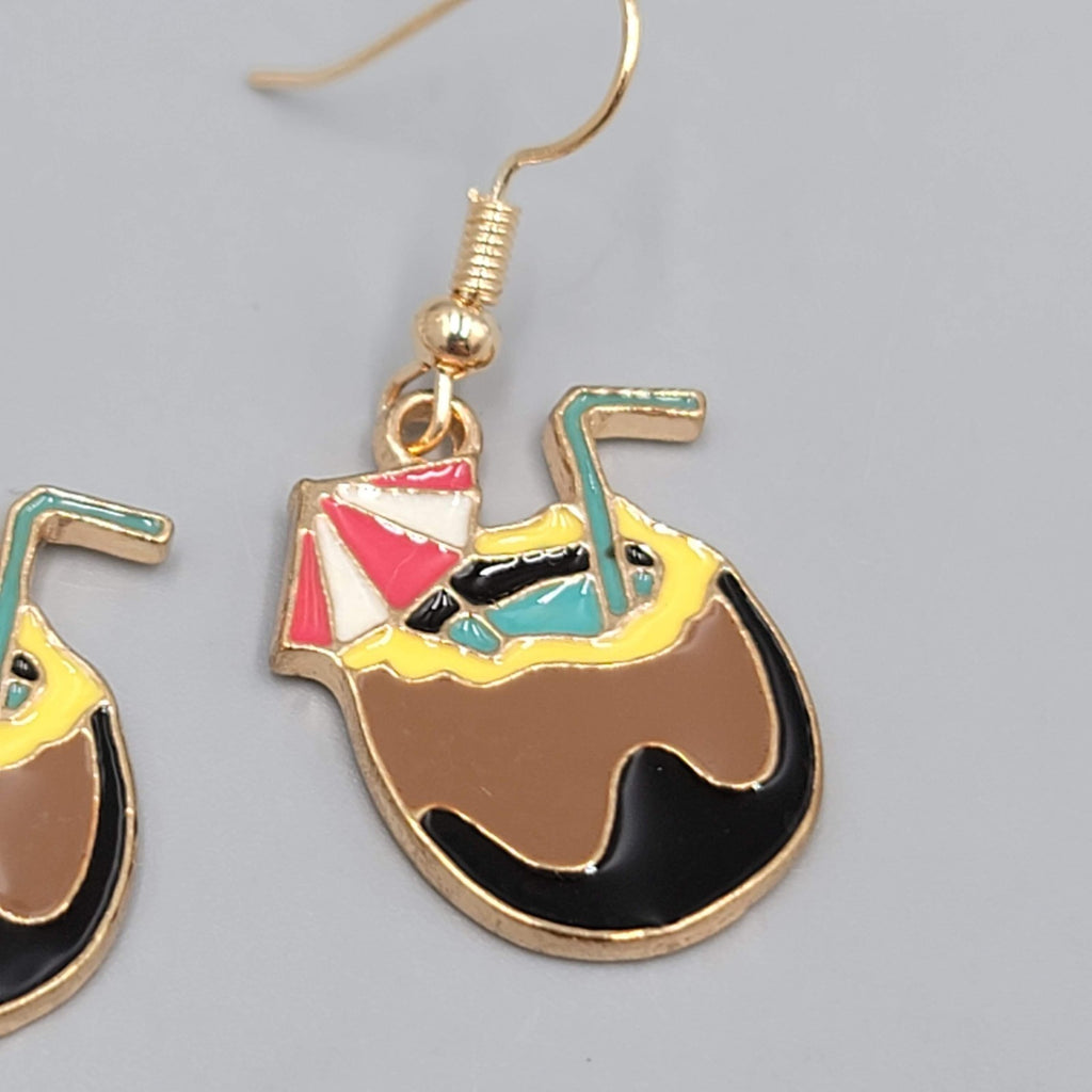 Coconut Cocktail Enamel Pierced Earrings Gold tone Dangle 7/8"