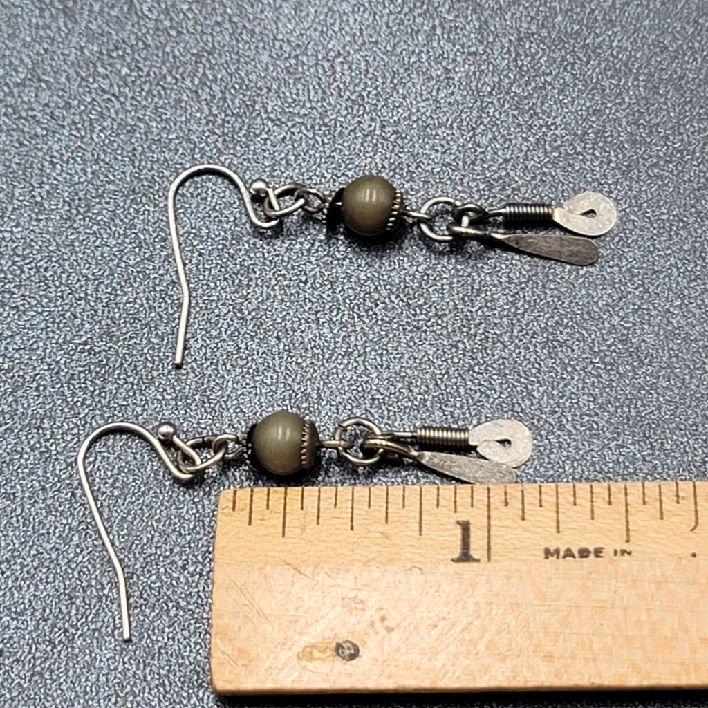 Boho Pierced Earrings Silver tone Artisan Green Bead Dangle 1.25"