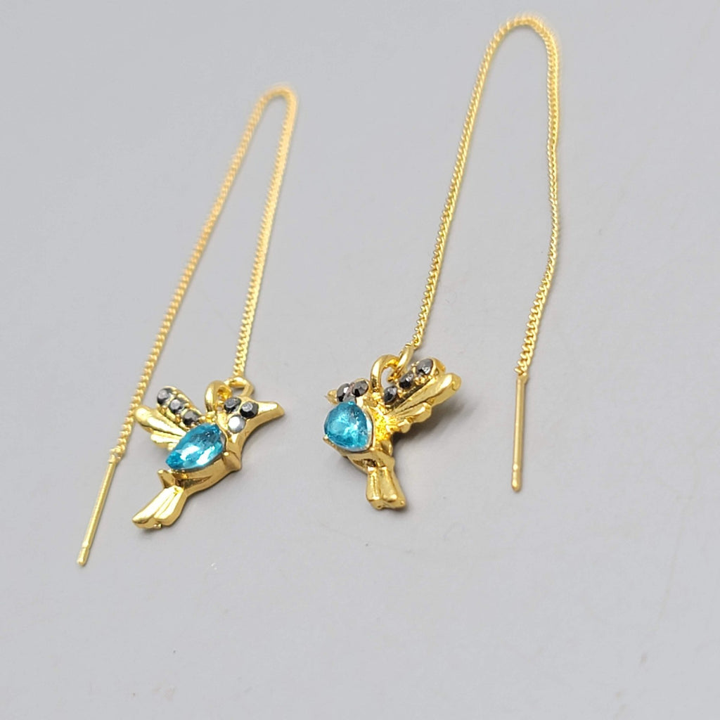 Crystal Bird Threader Pierced Earrings Gold tone Dangle 