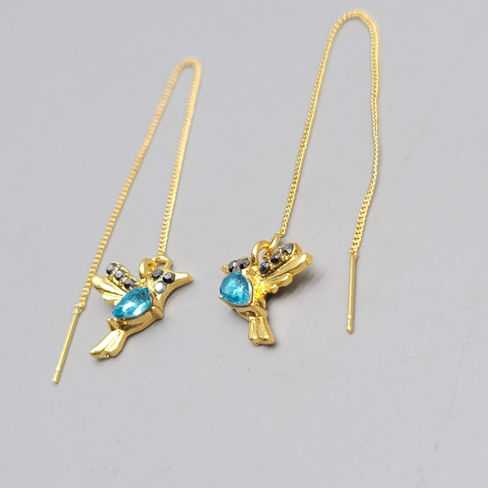 Crystal Bird Threader Pierced Earrings Gold tone Dangle 