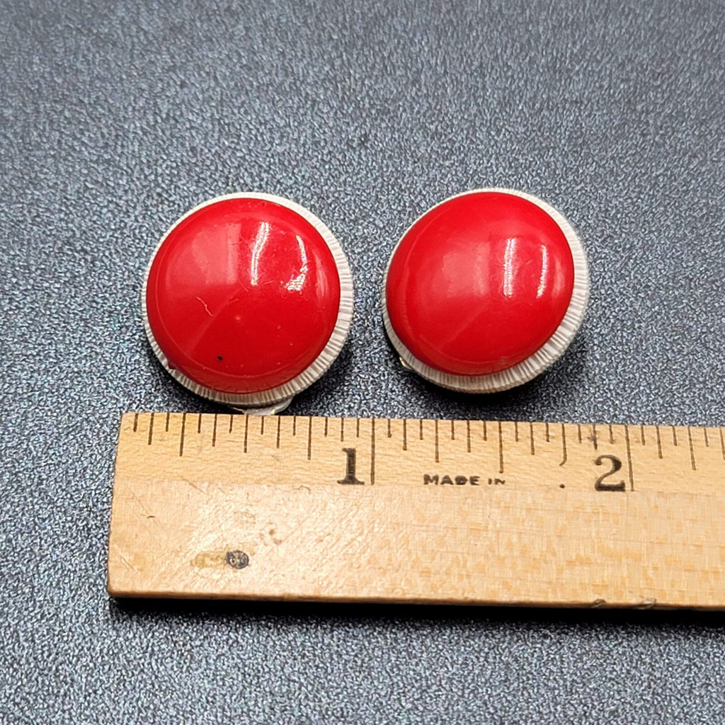 Vintage Clip on Earrings Gold tone Red White Dome Round Studs Hong Kong 7/8"