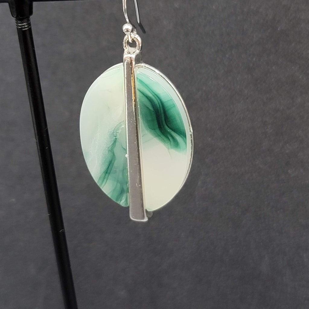 Pierced Earrings Silver tone Green White Resin Oval Dangle 1 3/8"
