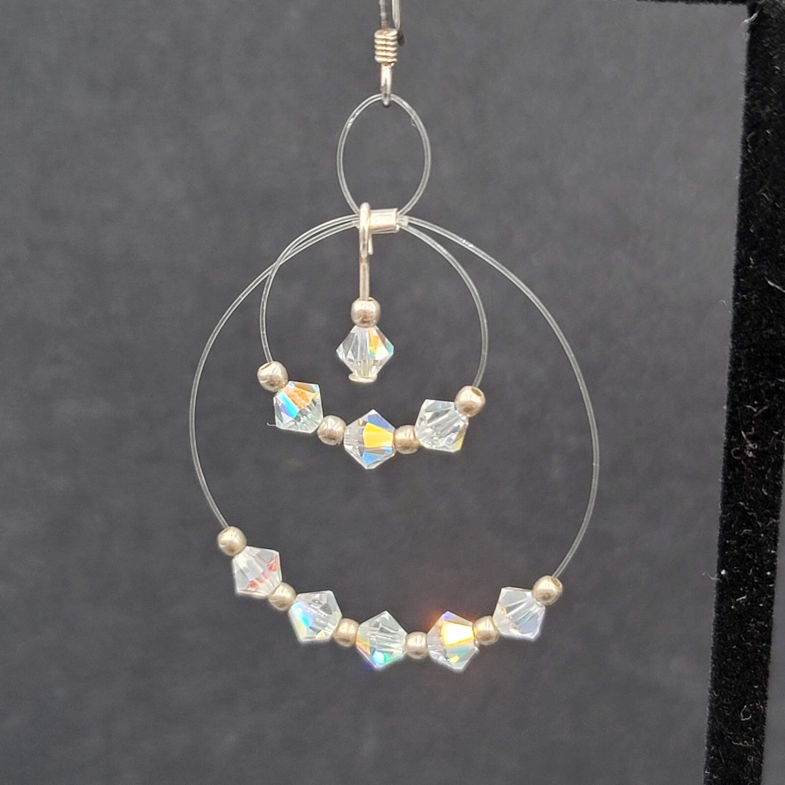 Pierced Earrings Floating Bicone AB Crystal Bead Dangle Hoops 1.75"