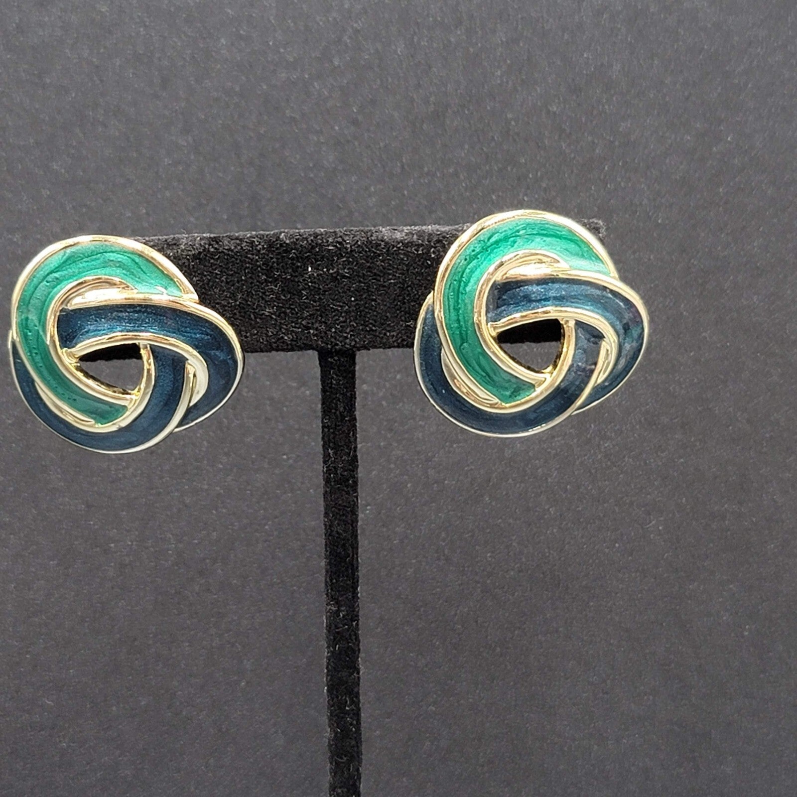 Vintage Pierced Earrings Gold tone Green Blue Enamel Twist Open Work Knot 1 1/8"