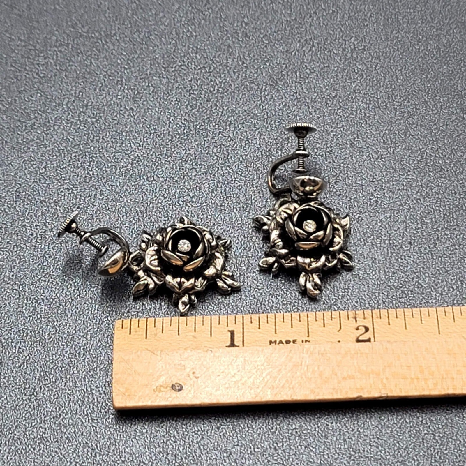 Vintage Clip on Earrings Silver tone 3D Flower Rhinestone Dangle 1"