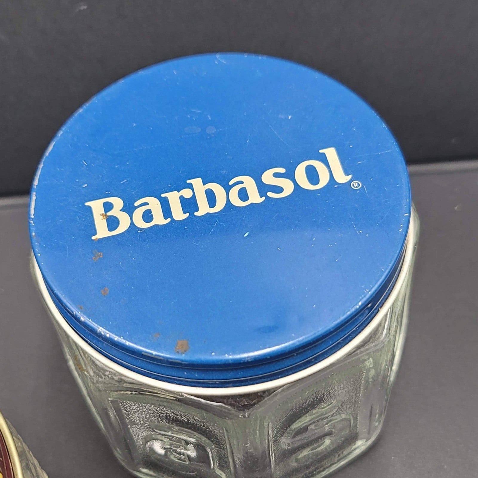 Lot of 3 Vintage Molle Barbosol Shaving Cream Embossed Glass Jars