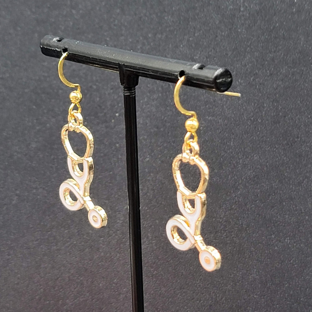 Nurse Pierced Earrings White Enamel Stethoscope Gold tone Dangle 1 1/8"