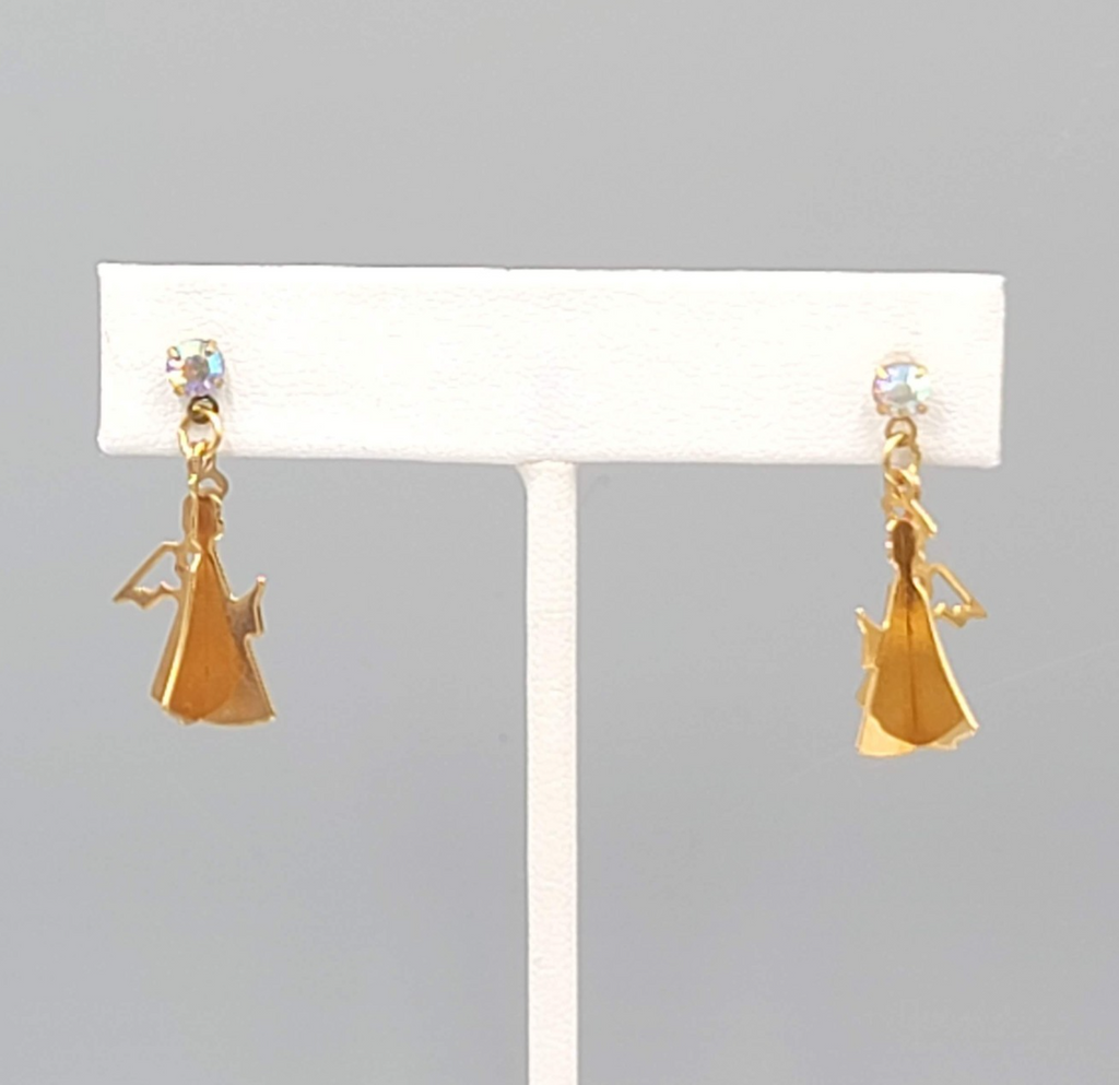Vintage Christmas Angel Pierced Earrings Gold tone Dangle 3/4"