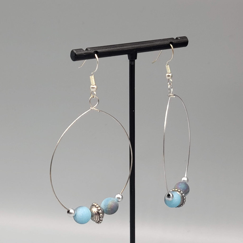 Pierced Earrings Silver tone Multicolor Blue Beads Hoops 2"