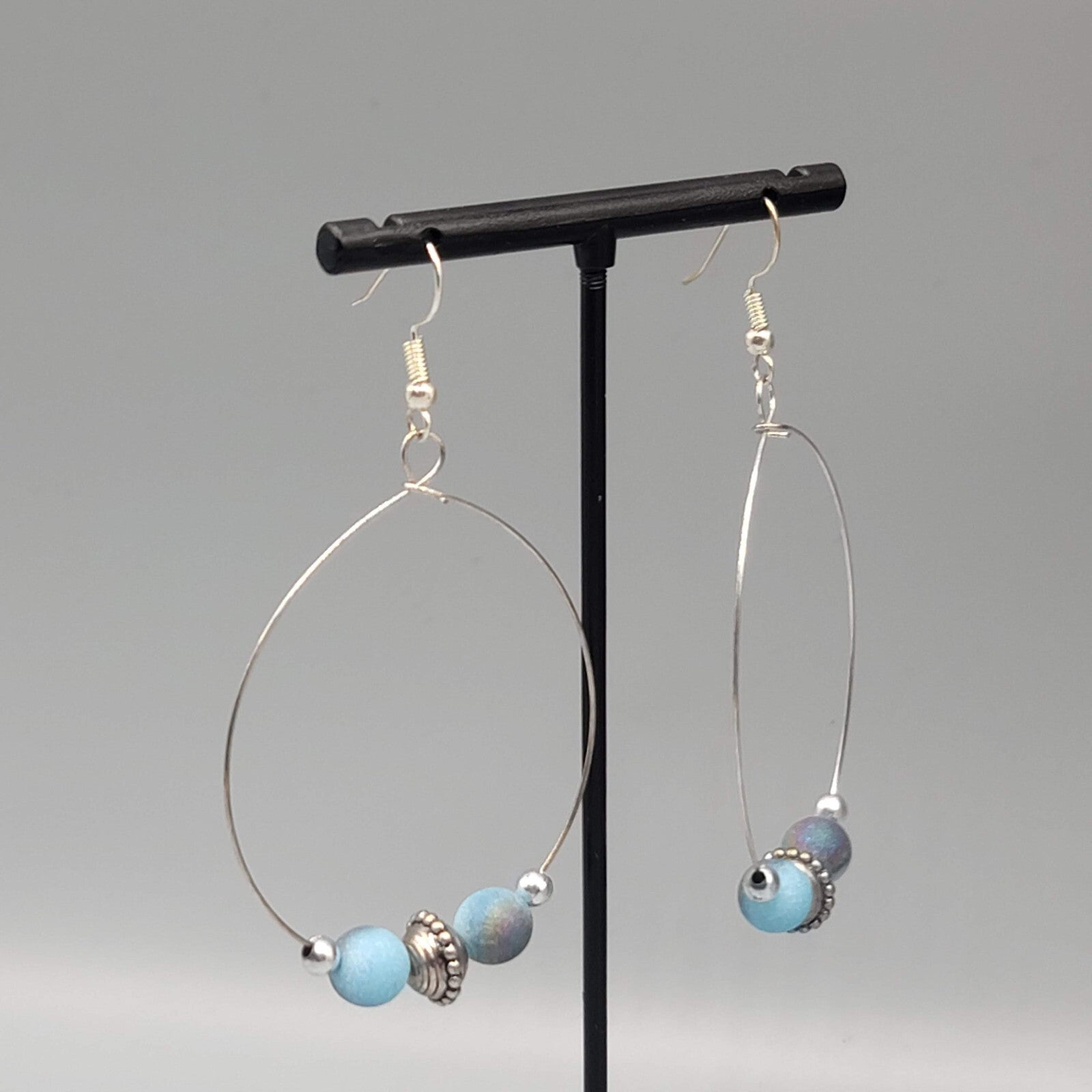 Pierced Earrings Silver tone Multicolor Blue Beads Hoops 2"