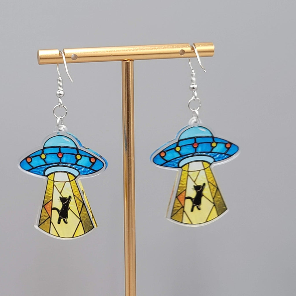 UFO Beam Black Kitty Cat Dangle Pierced Earrings Silver tone New 1.75"