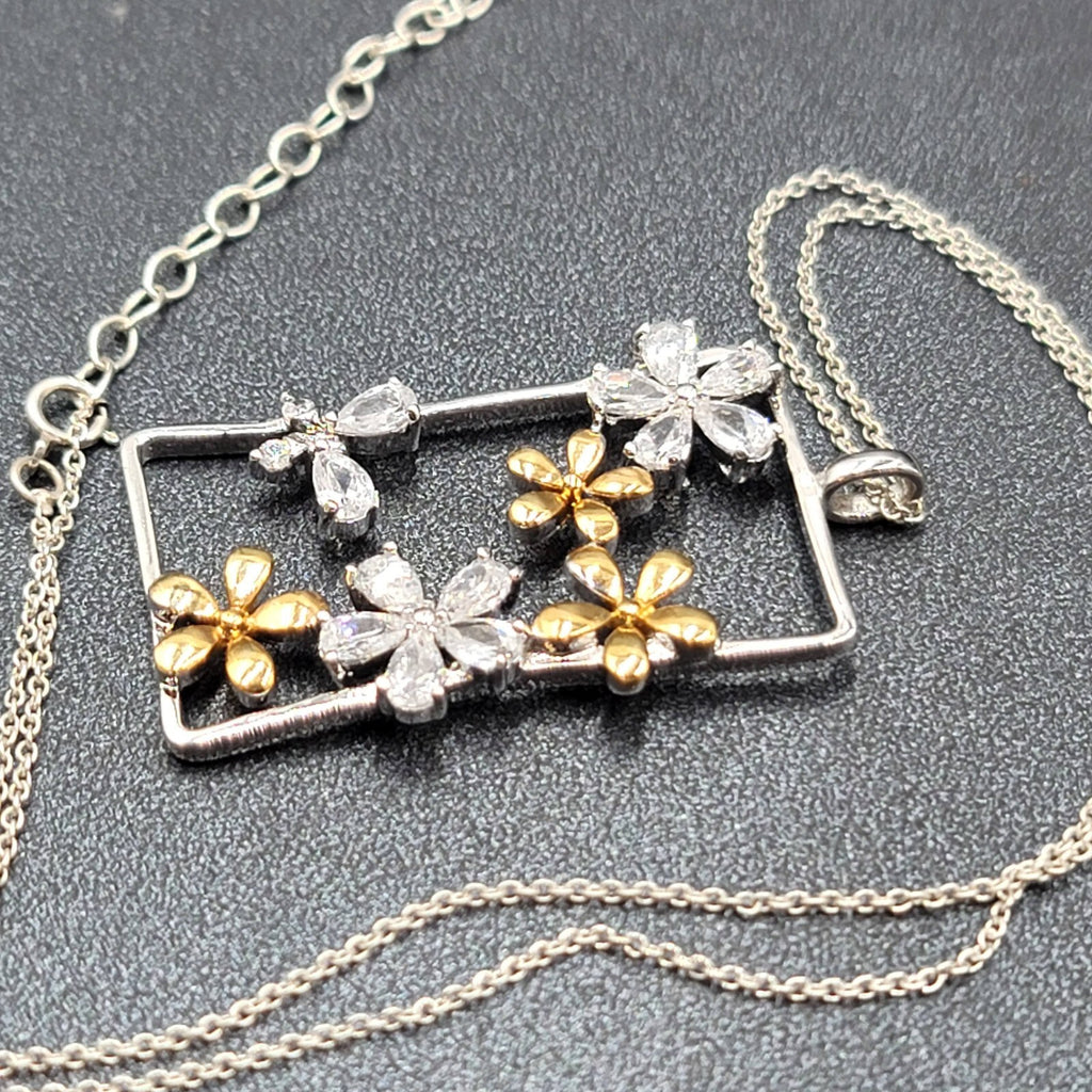 Sterling Silver Flower Crystal Gold Plated Pendant Necklace 16"-18"
