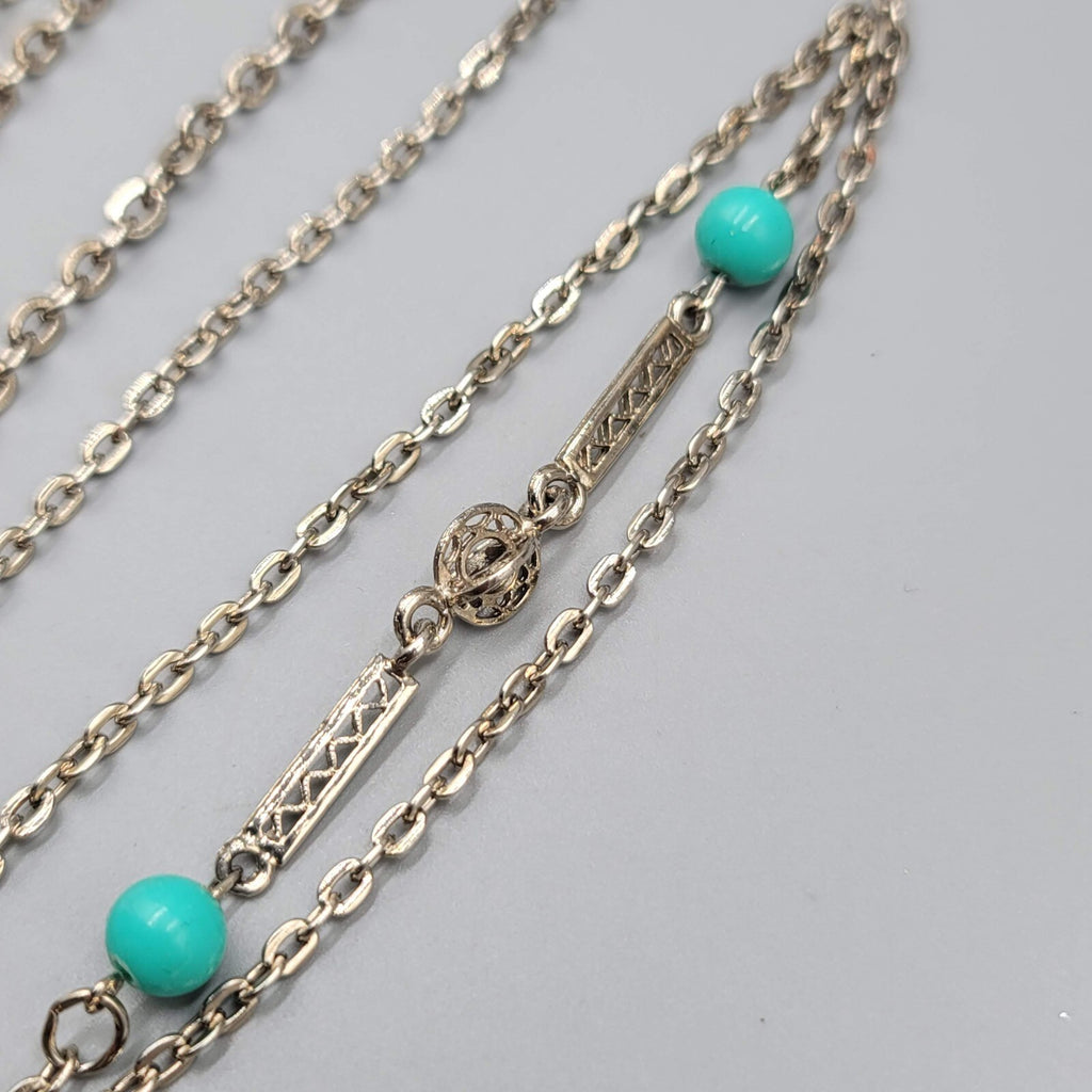 Extra Long 88 in Chain Necklace Station Blue Beads Layered