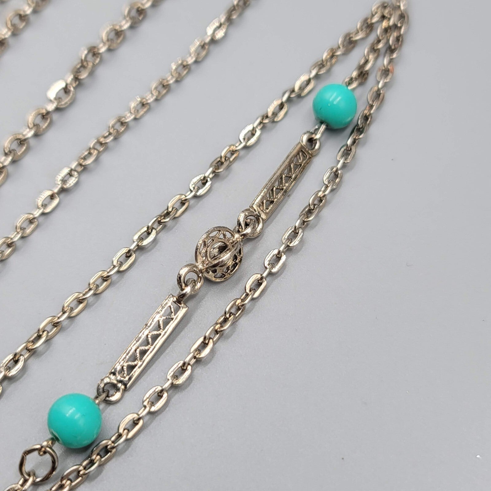 Extra Long 88 in Chain Necklace Station Blue Beads Layered
