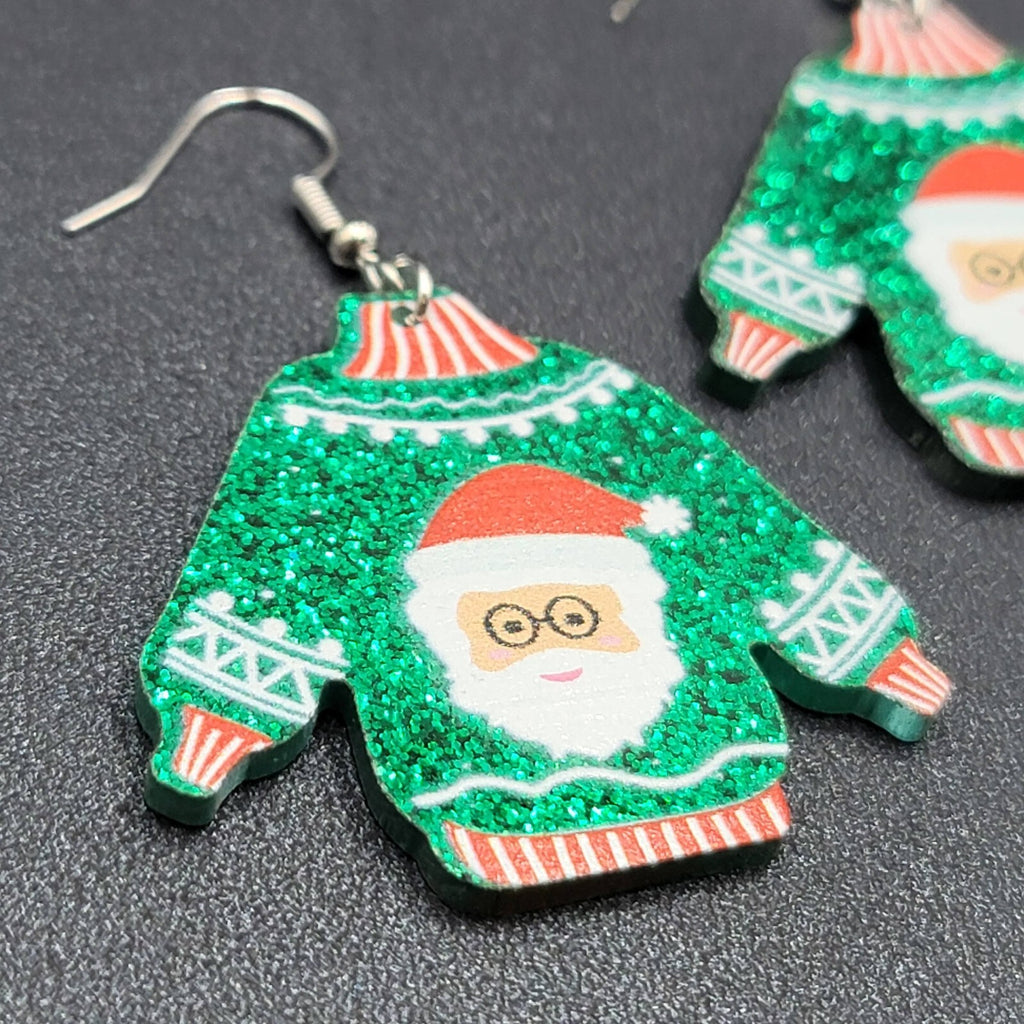 New Pierced Earrings Ugly Christmas Sweater Green Santa Claus Dangle 1.5"