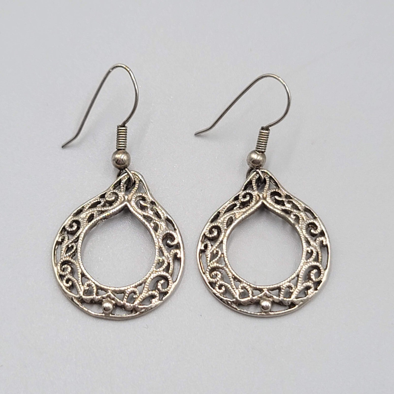 Vintage Pierced Earrings Silver tone Open Filigree Dangle 1"