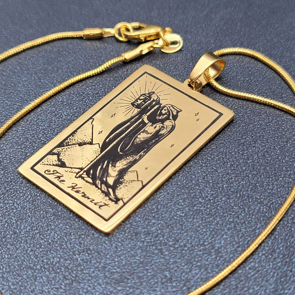 The HERMIT Tarot Card Pendant Necklace Major Arcana Gold tone 18”.