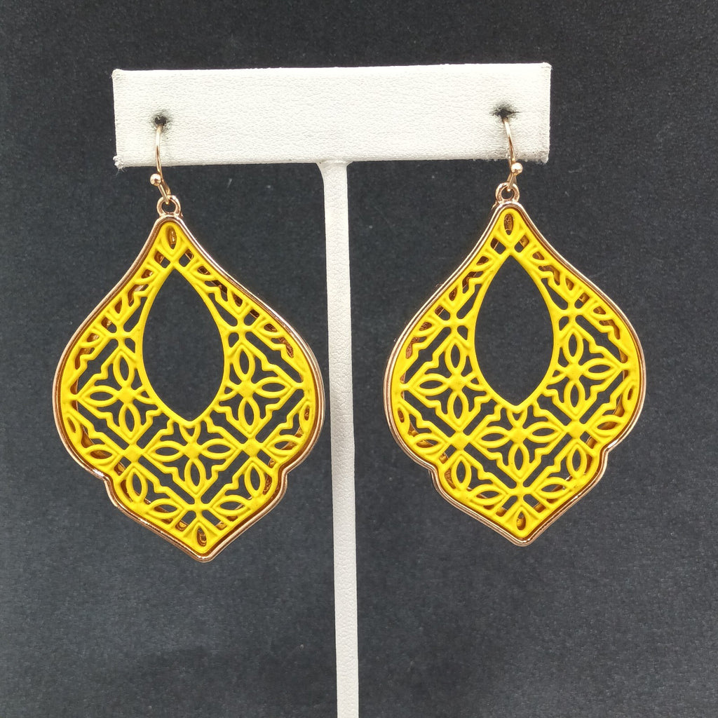 Pierced Earrings Gold tone Yellow Open work Statement Dangle 2 3/8"