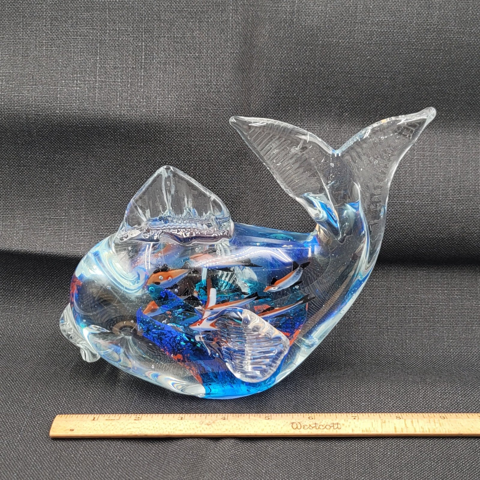 Multicolor Glass Fish Paperweight with Fish Inside Large Heavy 7"