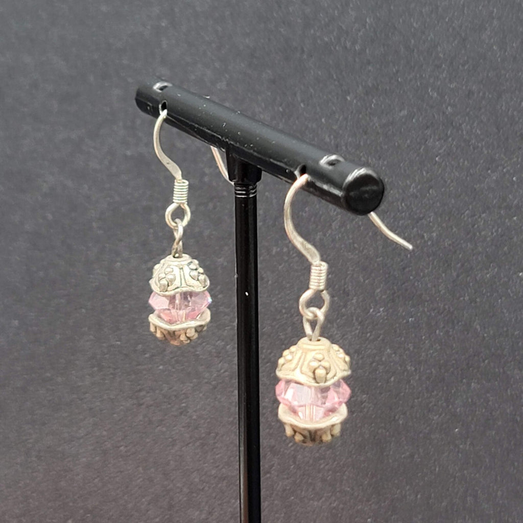 Pierced Earrings Silver tone Pink Crystal Bead Dangle 5/8"