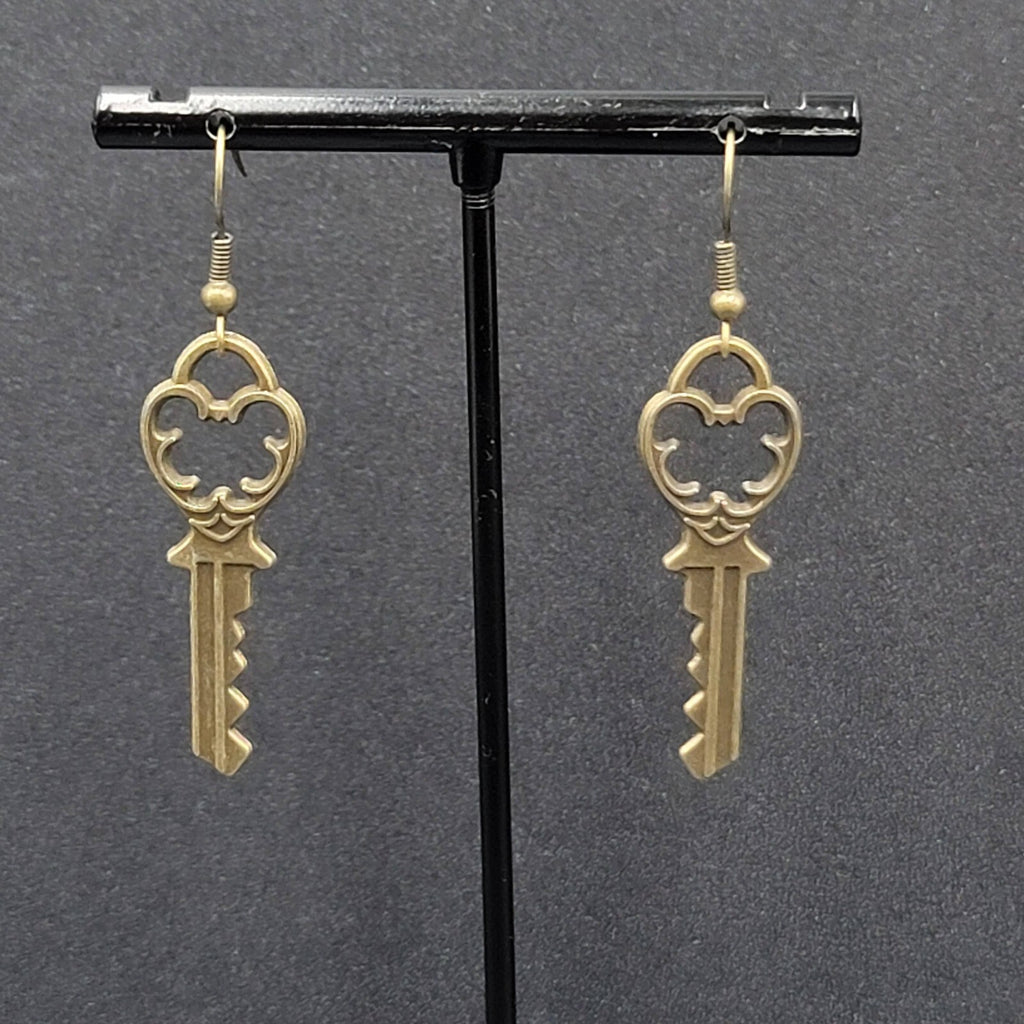 New Pierced Earrings Ornate Key Bronze tone Dangle 1.5"