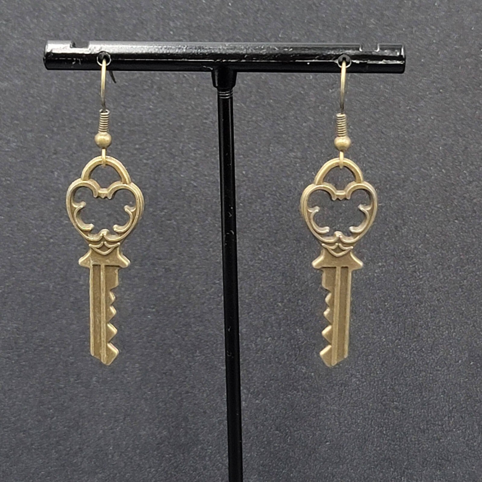 New Pierced Earrings Ornate Key Bronze tone Dangle 1.5"