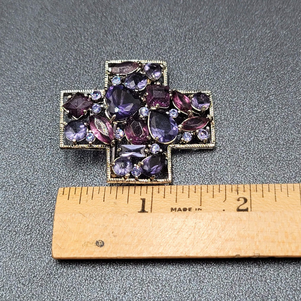 Rhinestone Brooch Purple Prong Set Heart Silver tone Cross Estate Jewelry 1 5/8"