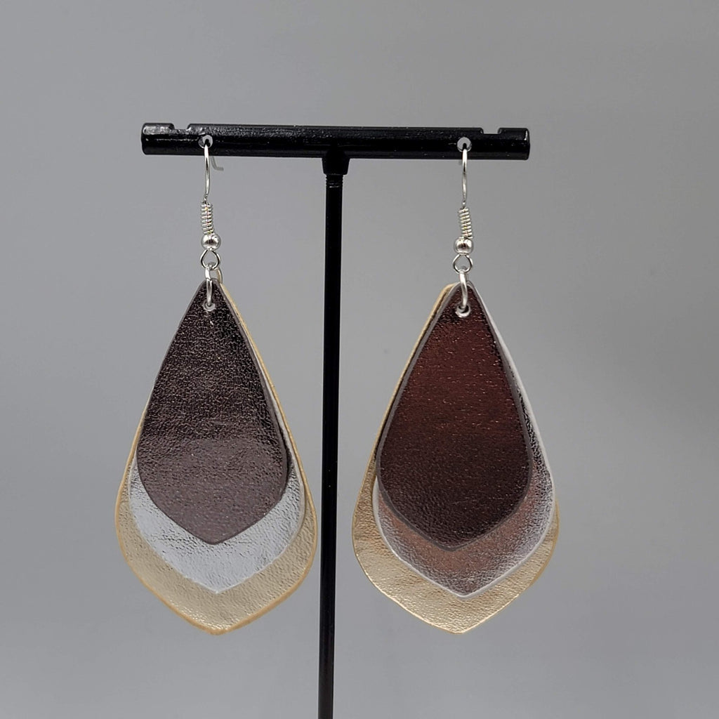 Pierced Earrings Triple Layer Faux Leather Metallic Dangle 2.5"