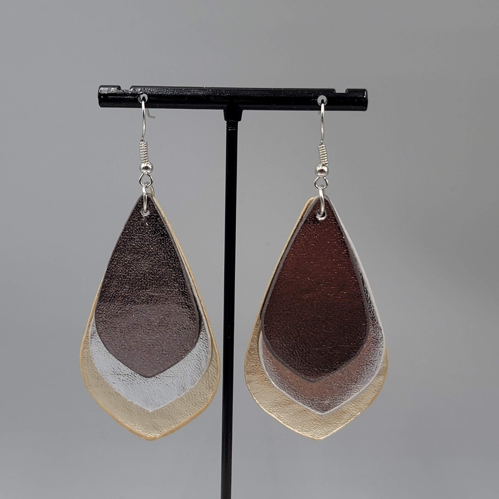 Pierced Earrings Triple Layer Faux Leather Metallic Dangle 2.5"