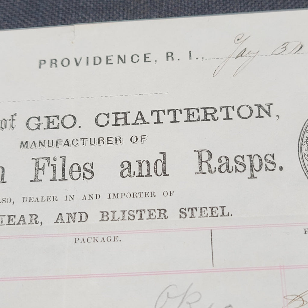 1861 Receipt for tools Geo Chatterton Files Rasps Rhode Island USA Antique