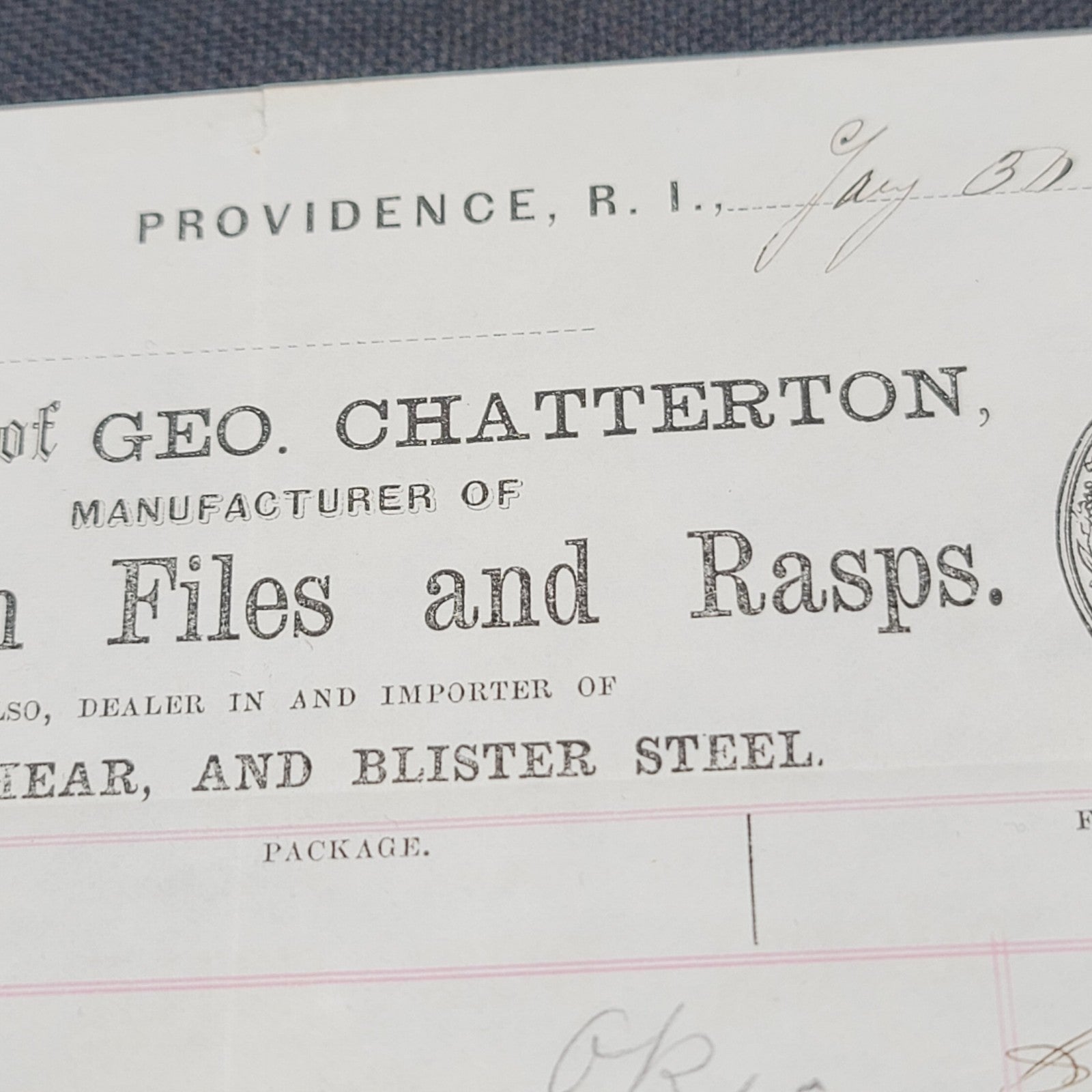 1861 Receipt for tools Geo Chatterton Files Rasps Rhode Island USA Antique