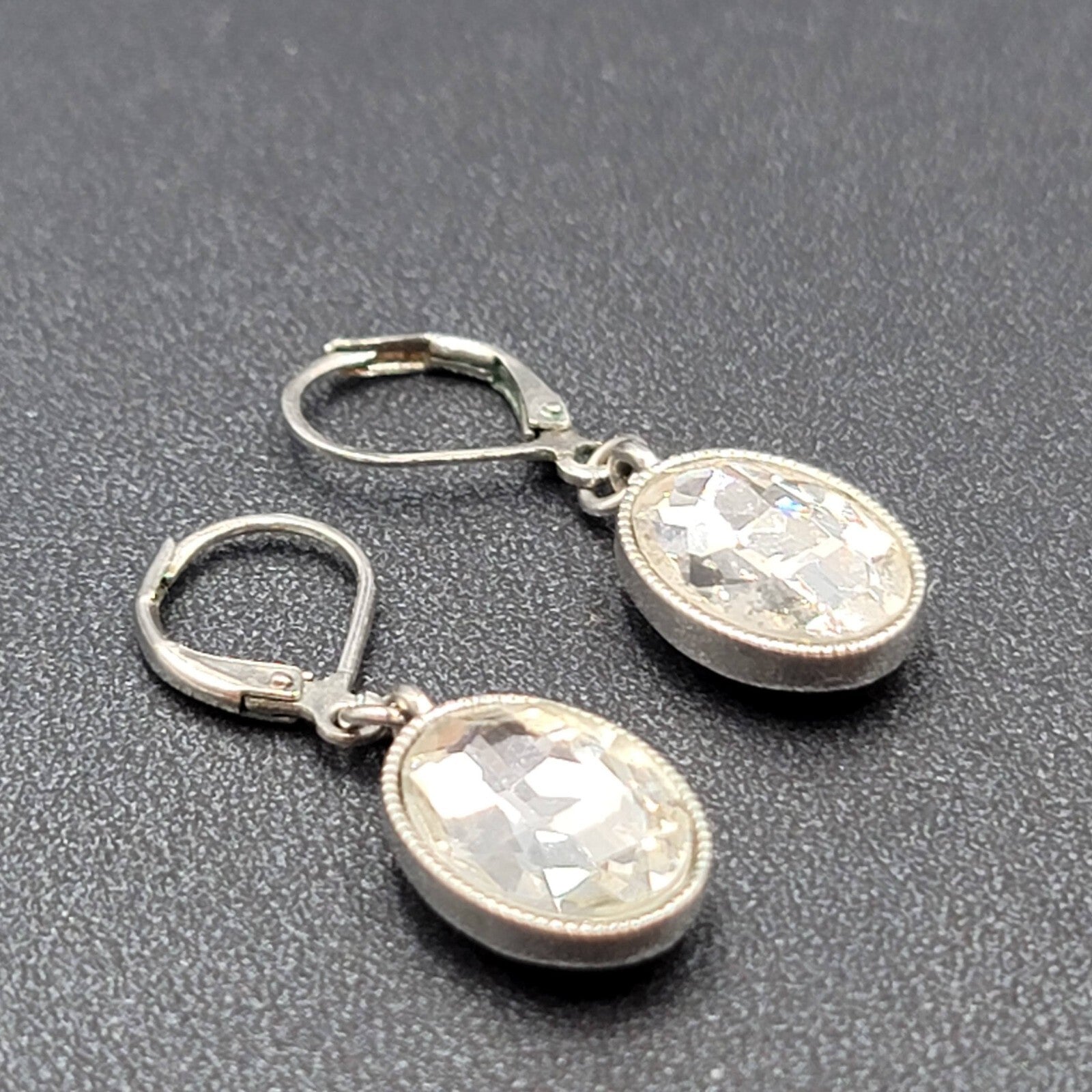 Pierced Earrings Silver tone Faceted Oval Glass Signed Dangle 3/4"