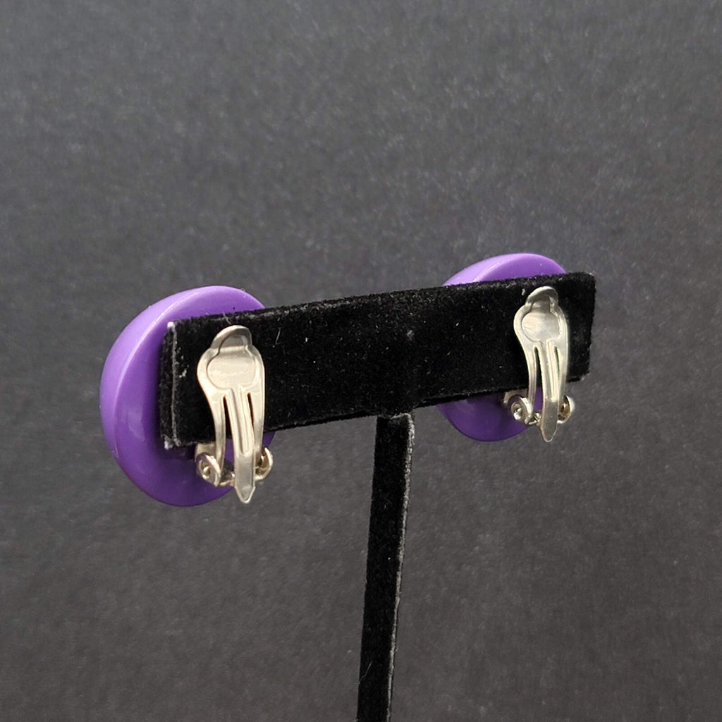 Vintage Clip on Earrings Purple Acrylic Dome Studs 1"