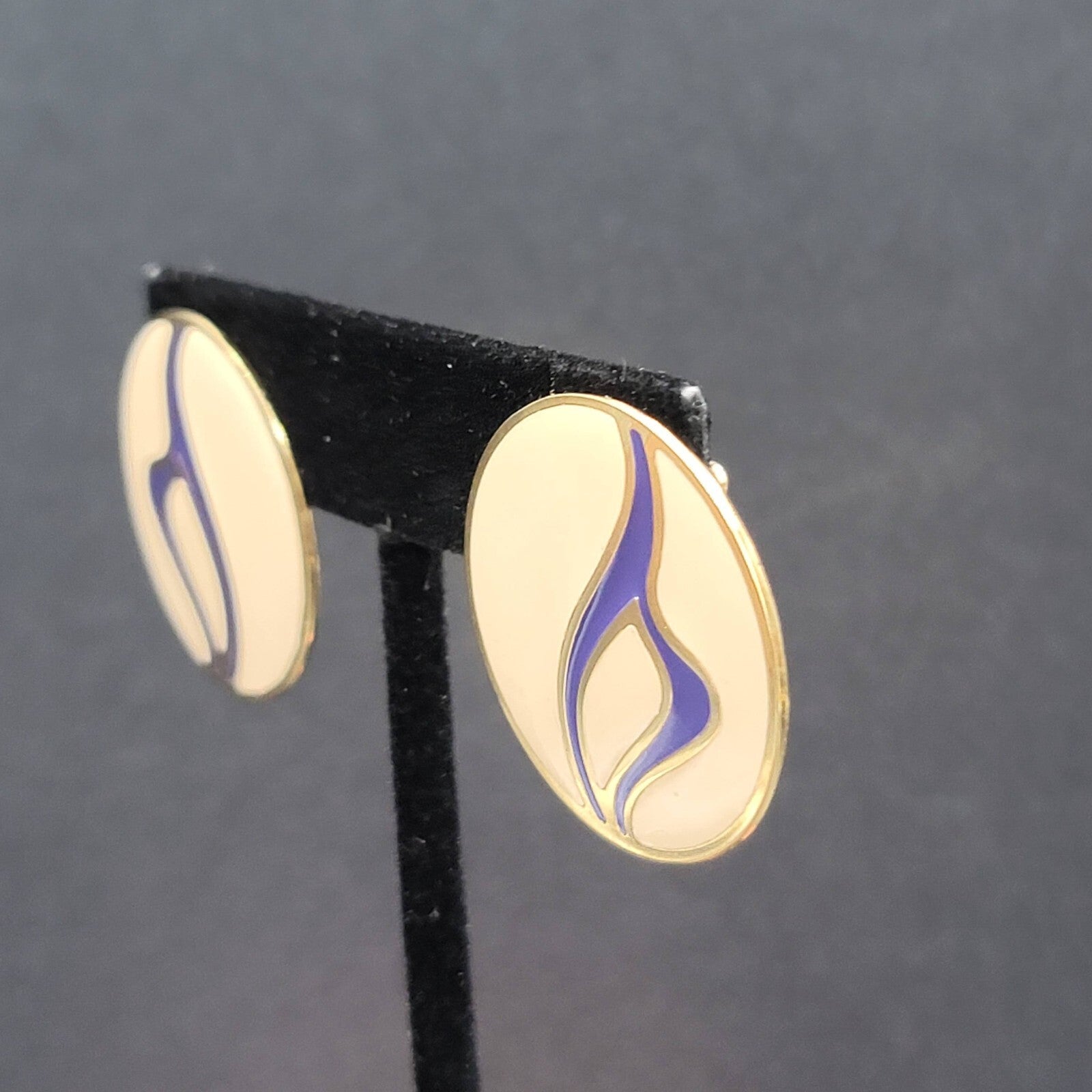 Vintage Pierced Earrings Gold tone Purple Tan Enamel Round Drop 1 1/8"