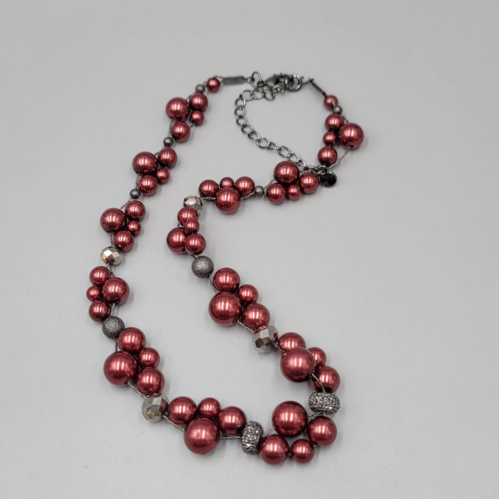 Statement Beaded Necklace Red Faux Pearls Silver Tone Cluster Adjustable 16-18"