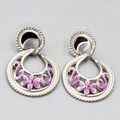 Purple Black Enamel Pierced Earrings Silver tone Dangle  1.25"