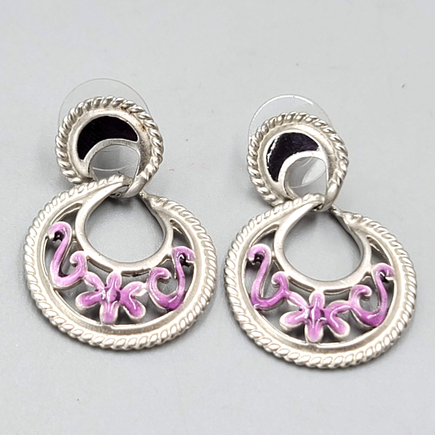 Purple Black Enamel Pierced Earrings Silver tone Dangle  1.25"