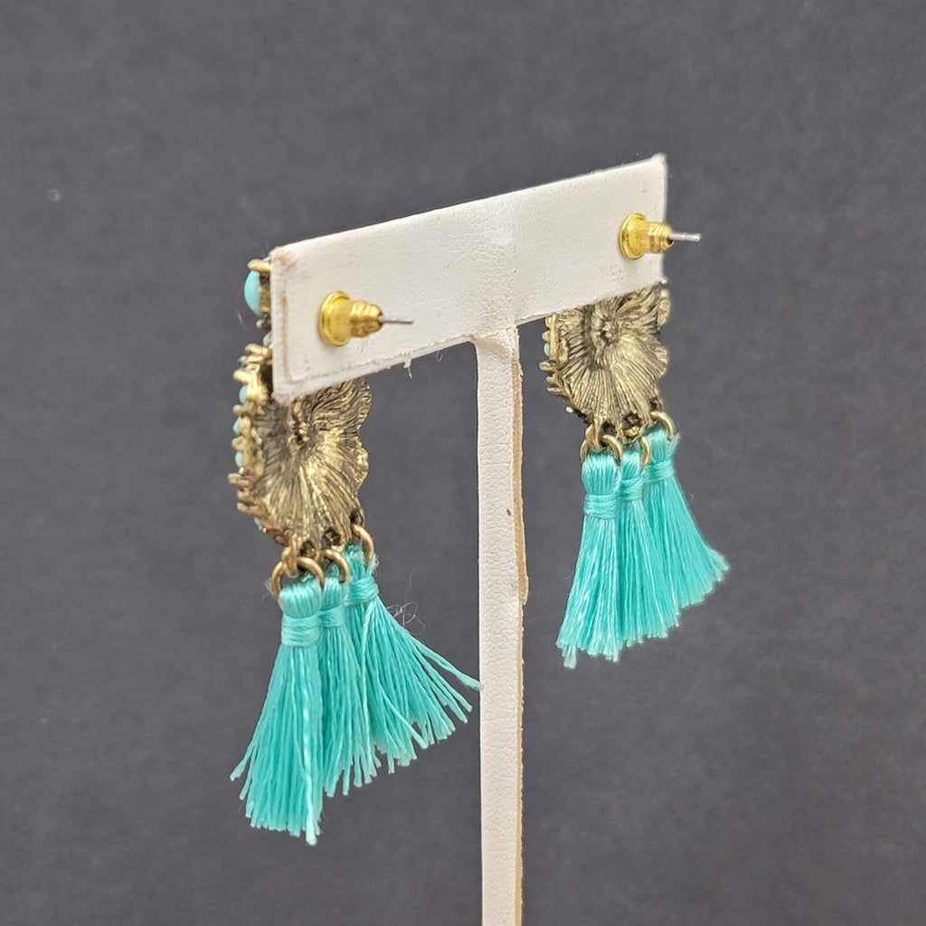 Pierced Earrings Gold tone Blue Rhinestone Tassel 2"