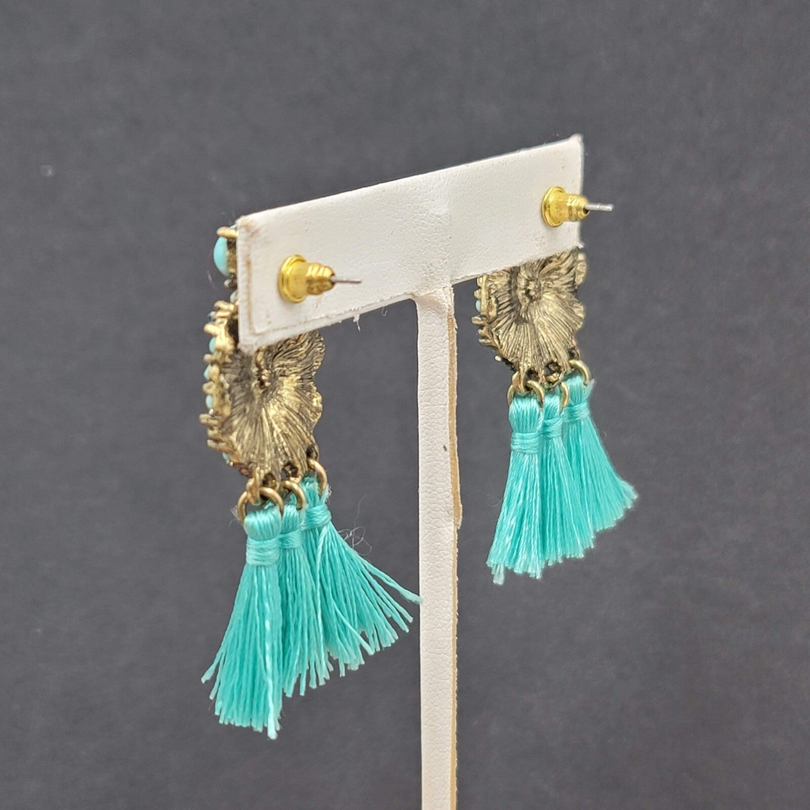 Pierced Earrings Gold tone Blue Rhinestone Tassel 2"