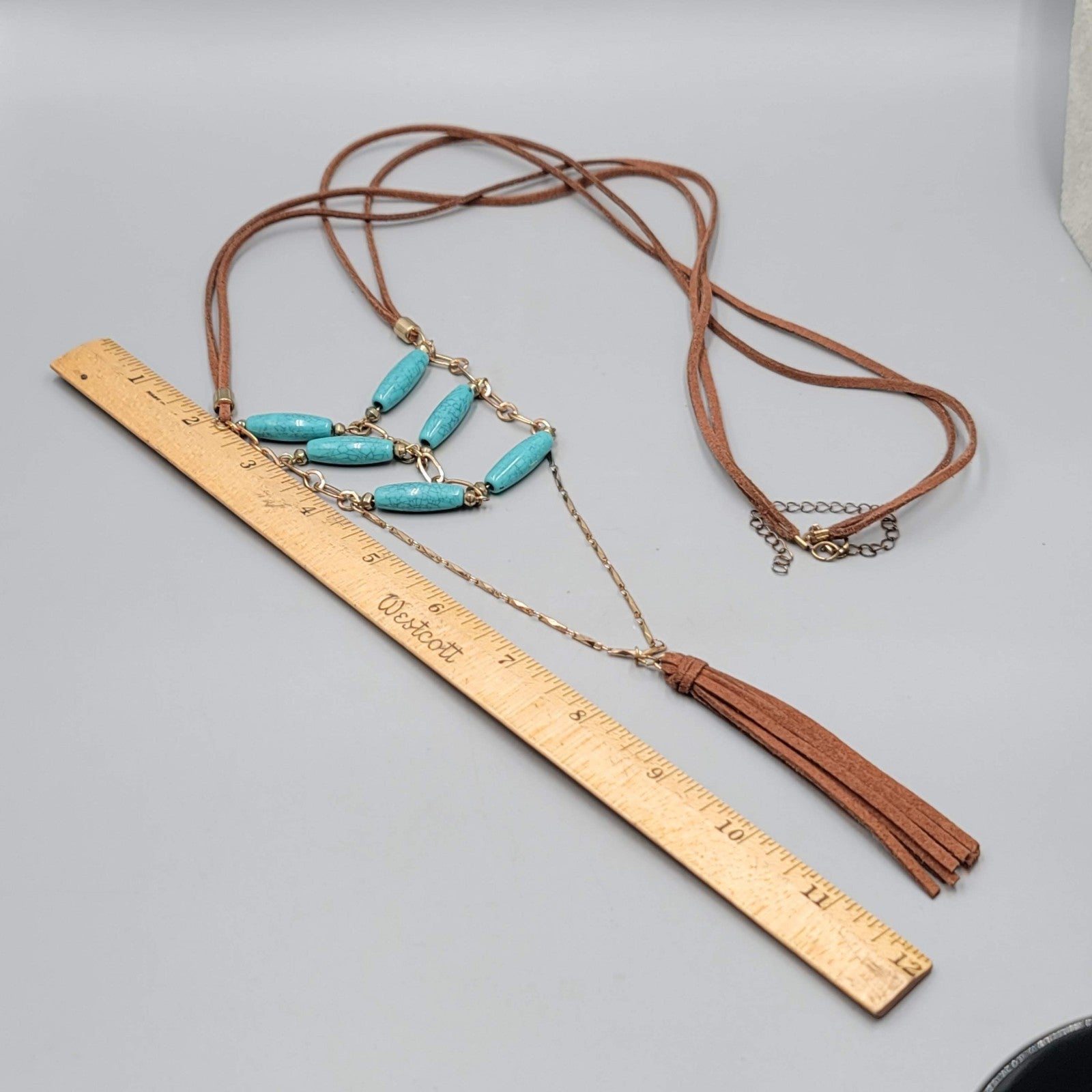 LONG Leather Southwest Style Necklace Blue Bead 40"
