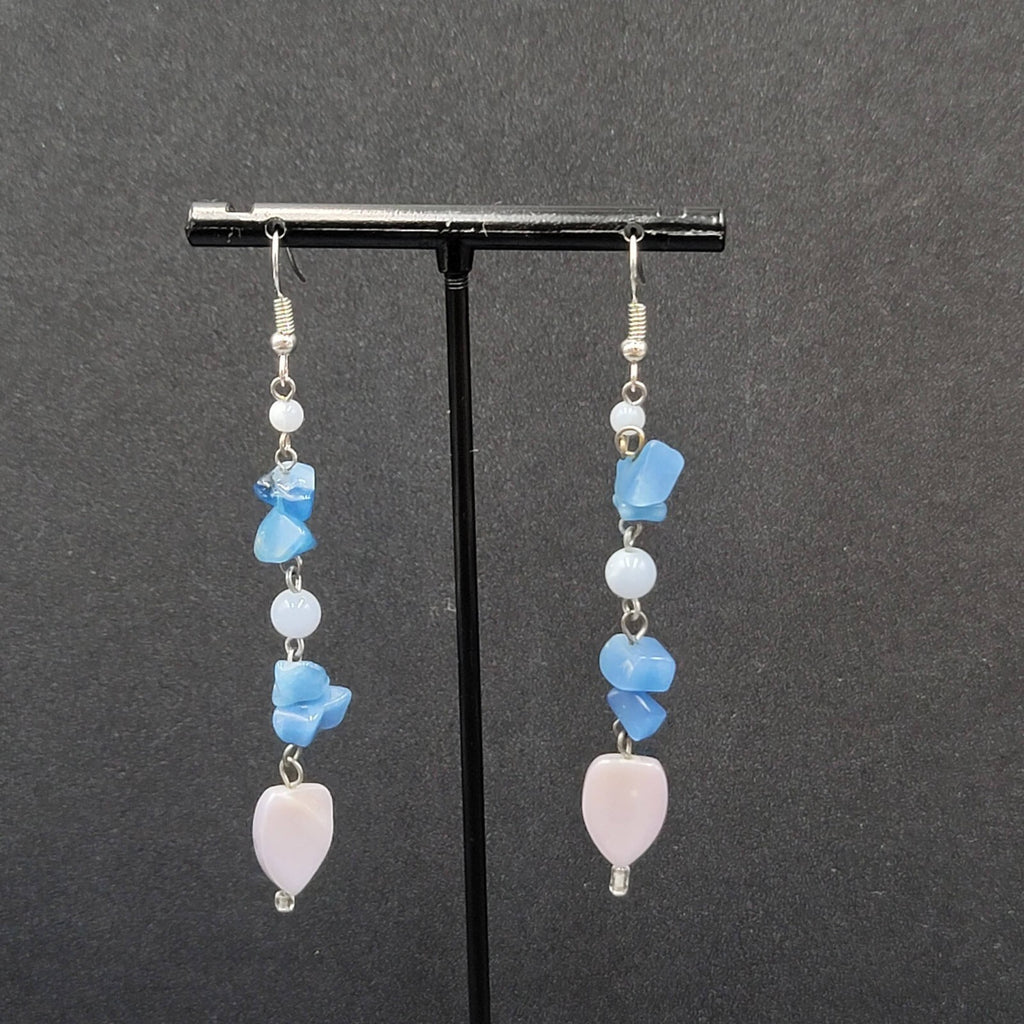 Pierced Earrings Blue Stone Chip Bead Dangle Silver tone 2.75"