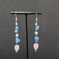 Pierced Earrings Blue Stone Chip Bead Dangle Silver tone 2.75"