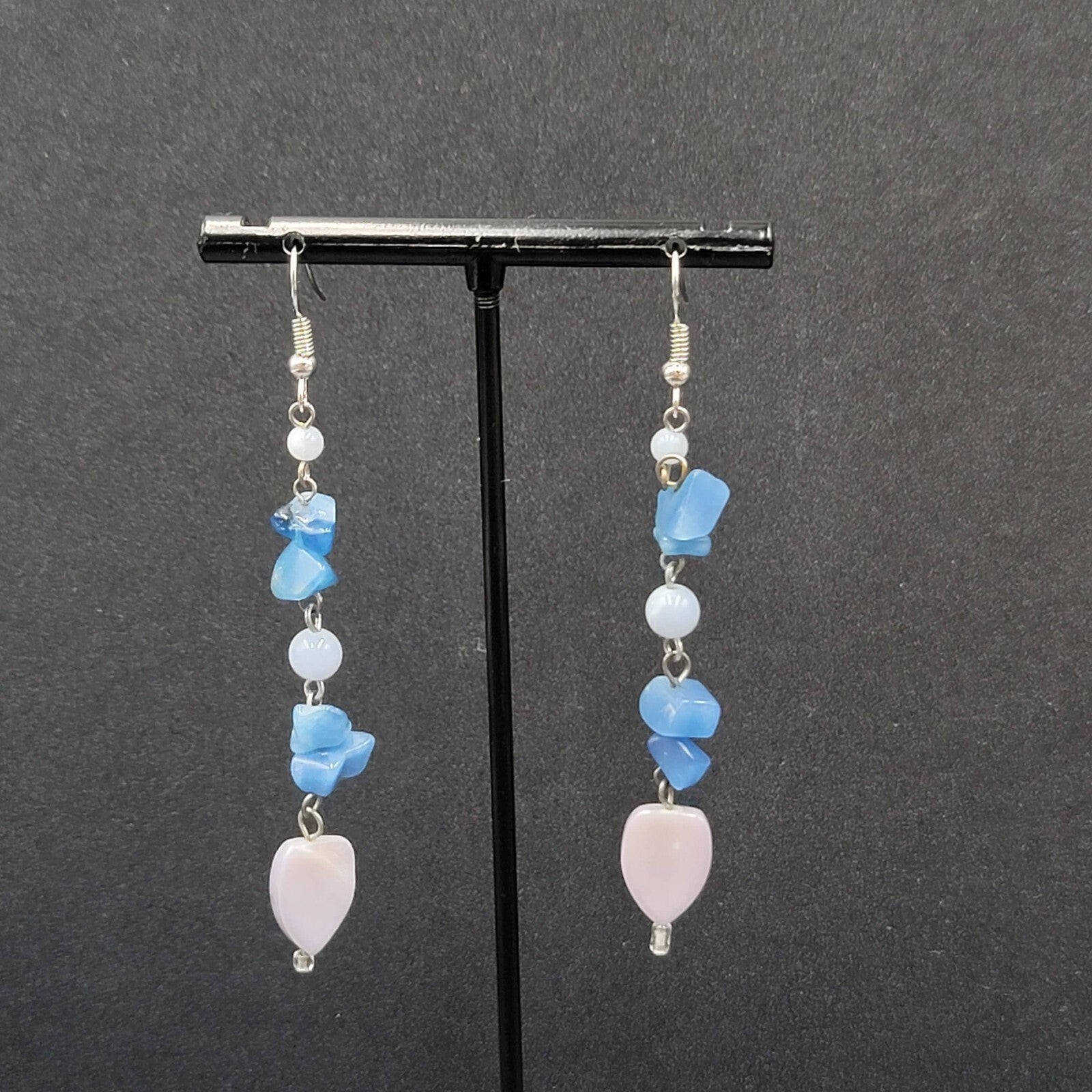 Pierced Earrings Blue Stone Chip Bead Dangle Silver tone 2.75"