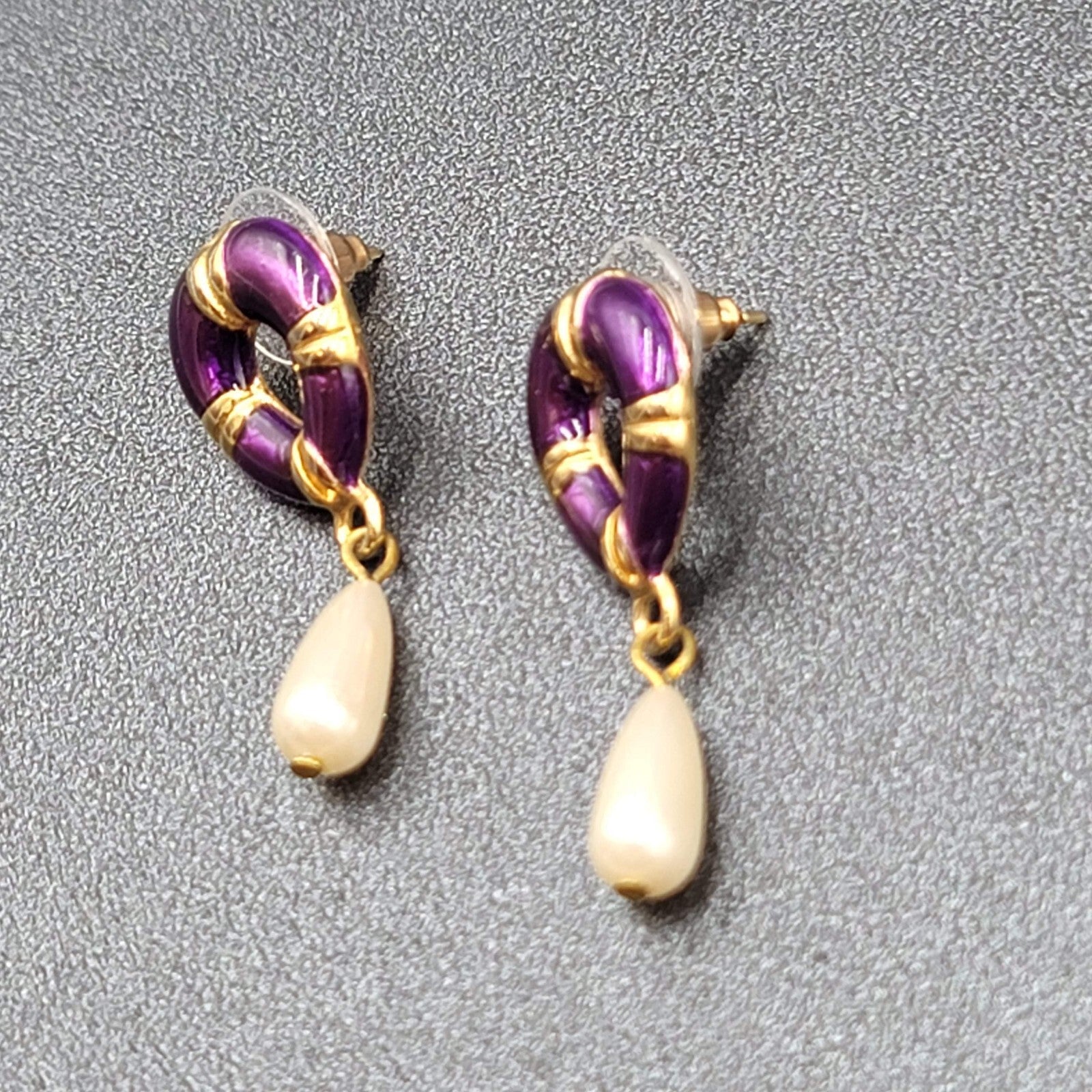 Vintage Pierced Earrings Purple Enamel Faux Pearl Teardrop Signed Dangle 1 3/8"