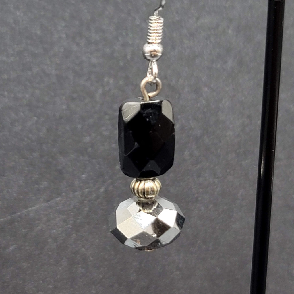 Pierced Earrings Black Glass Bead Silver tone Dangle 1.25"