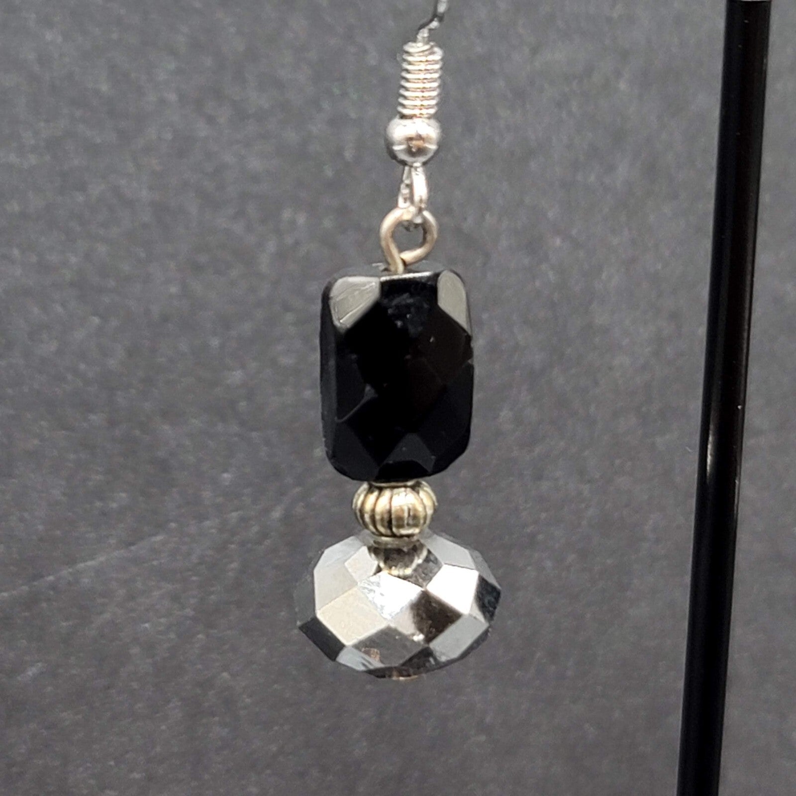 Pierced Earrings Black Glass Bead Silver tone Dangle 1.25"