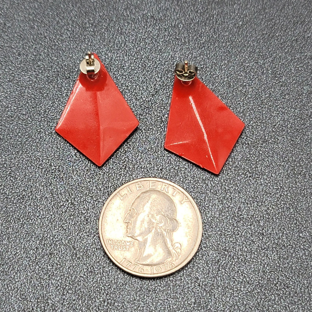 Vintage Pierced Earrings Red Enamel Geometric Drop 1 1/8"