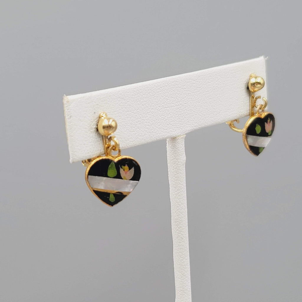 Vintage Black Heart Dangle Clip on Earrings Gold tone Flower 1/2"